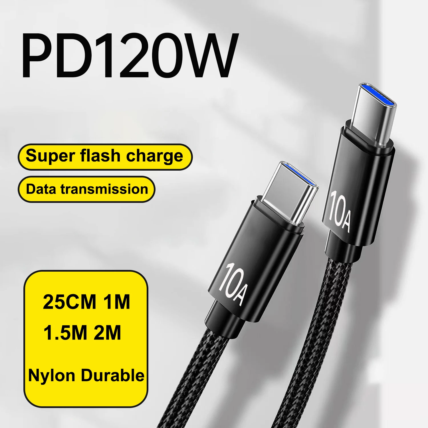 120W USB Type C Cable Super Fast Charge Quick Charge 10A For Xiaomi 12Pro Redmi K50 Note 11Pro Black Shark5 Pro