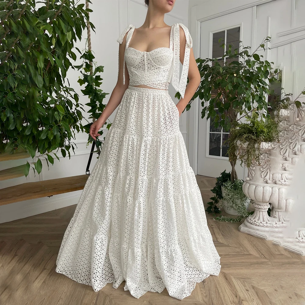 Two Pieces Cutout A Line Bridal Gown with Pockets Maxi Self-Tie Bow Customized Tiered Lace Bustier Chest Wedding Separate Dress