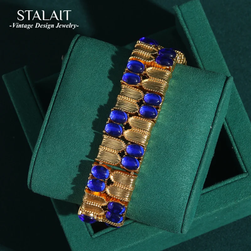 

Vintage Blue Bangles Gold Color Bracelets Luxury Dubai Jewelry Antique Wide Glass Oval Natural Stone Elastic Bohemian Trend