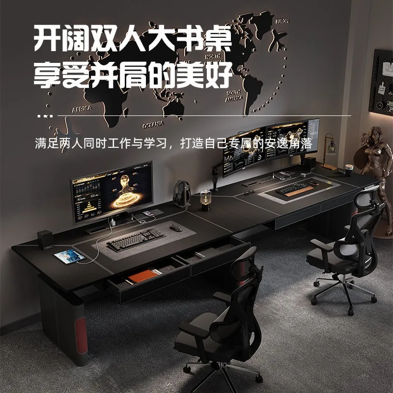 Electric Height-Adjustable Executive Desk Solid Wood Saddle Leather Computer Workbench with Three-Motor System for Bosses