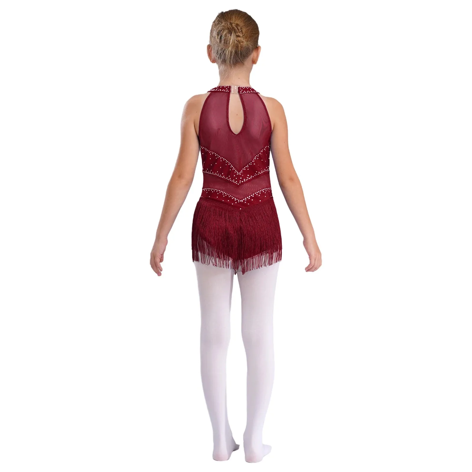 Kids Girls Glittery Rhinestones Ballet Jersey Costumes Rhythmic Gymnastics Leotards Artistic Skating Dress Tassel Tight Bodysuit