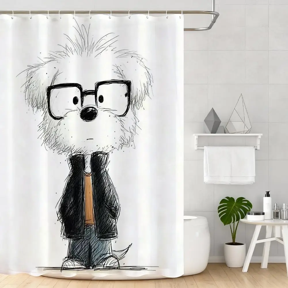 

Sketch Dog Shower Curtain – Cute Glasses-Wearing Cartoon, Whimsical Bathroom Decor 12PCS Hooks 71X71Inch