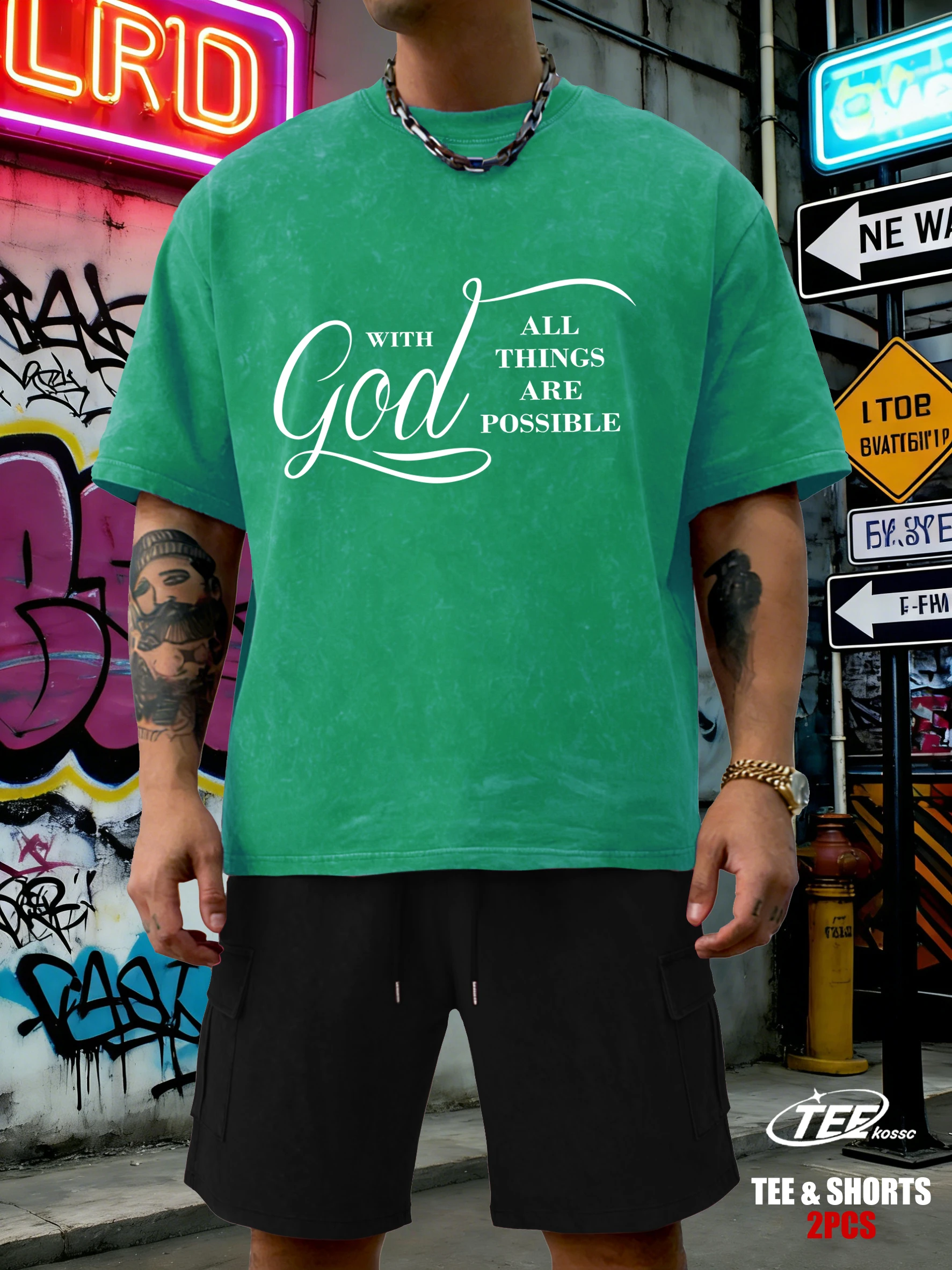 

With God All Things Are Possible Print Washed T Shirt Man Summer O-Neck Retro Shorts Set Fashion Cotton All-Match Unisex Tee