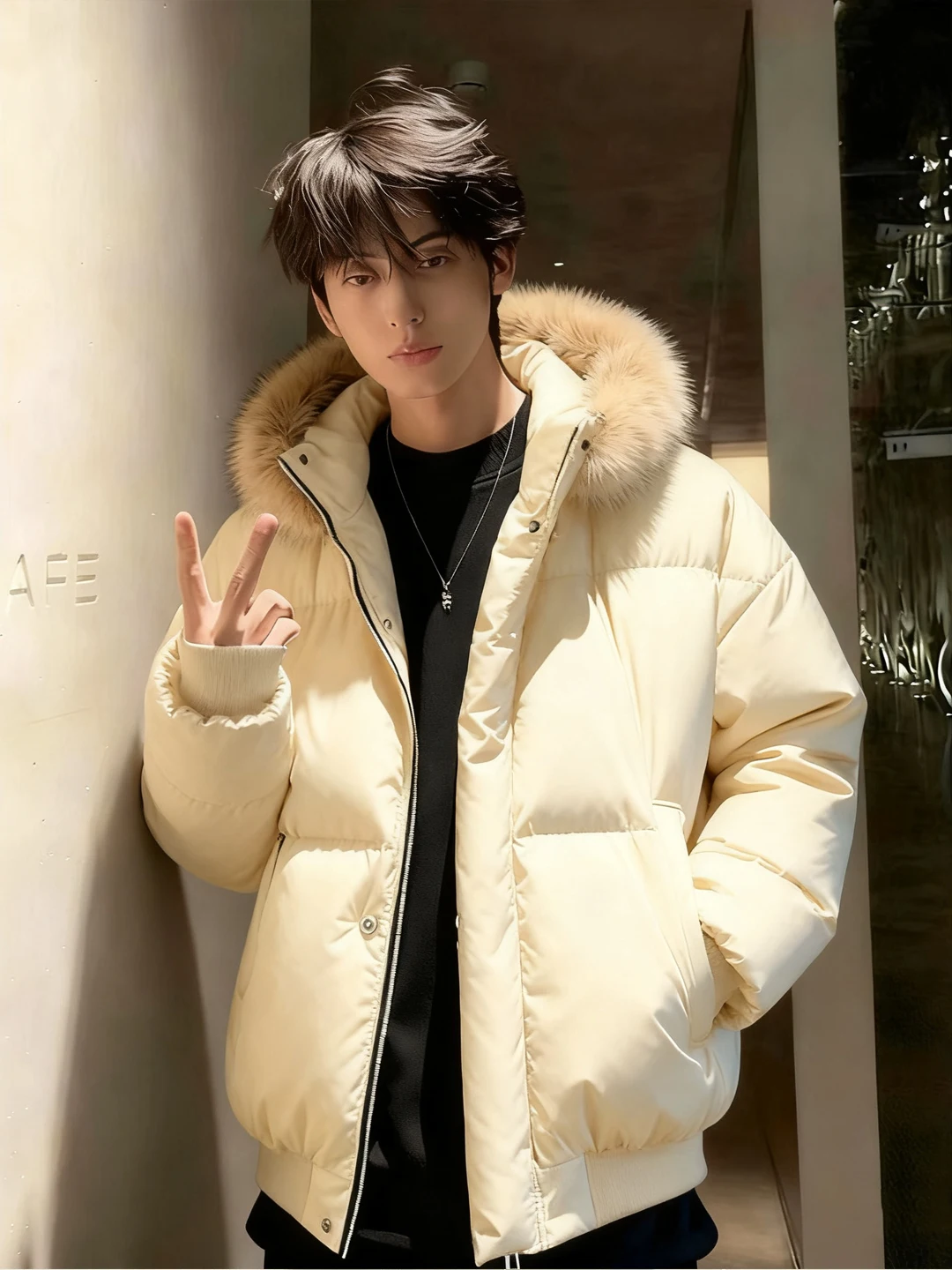 

Thiened American Sle Men's down Jaet Removable Fur Collar PU Leather ort Coat with Hood Warm And Durable Cotton Clothes