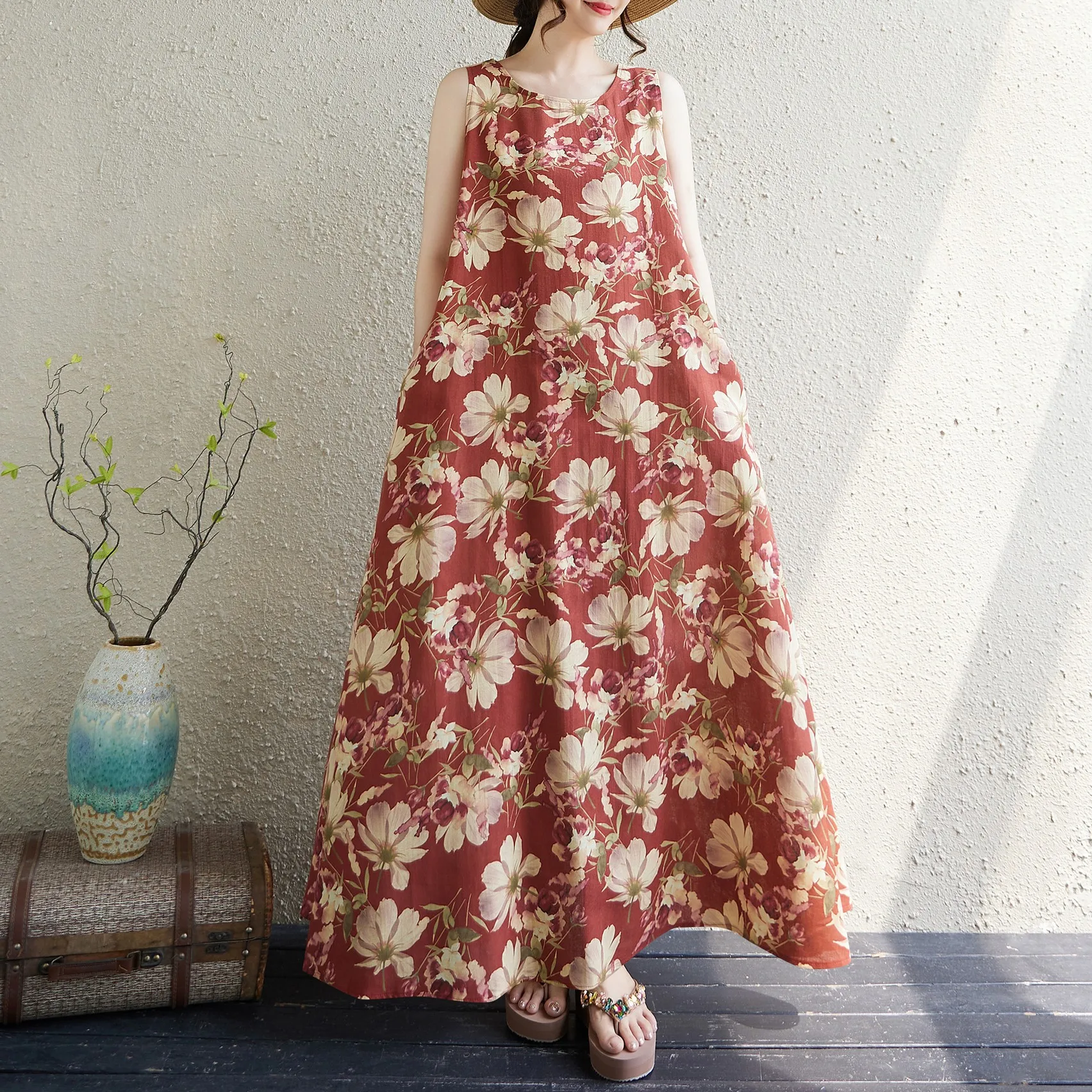 

Bohemian plus Size Long Dress Summer New Style Sleeveless round Neck Print Dress Sweet Style Cotton Citywalk A-Line Skirt