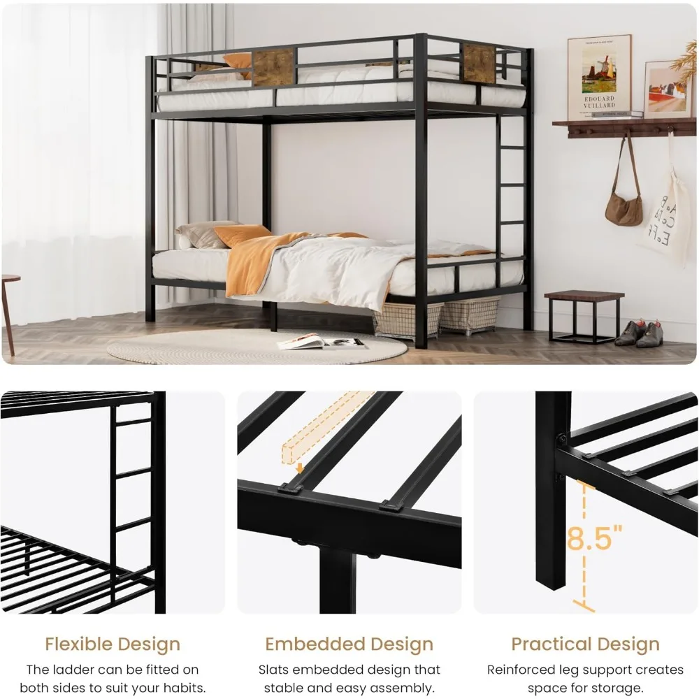 Bunk Bed Twin Over Twin Size with Ladder and Full-Length Guardrail, Metal, Storage Space,Noise Free, Children Bunk Bed