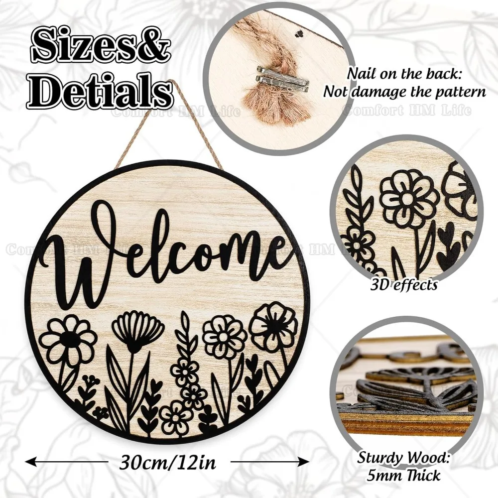 3D Black Wildflower Welcome Door Sign Daisy Floral Wooden Hanging Sign Rustic Flower Front Door Hanger for Indoor Outdoor Decor