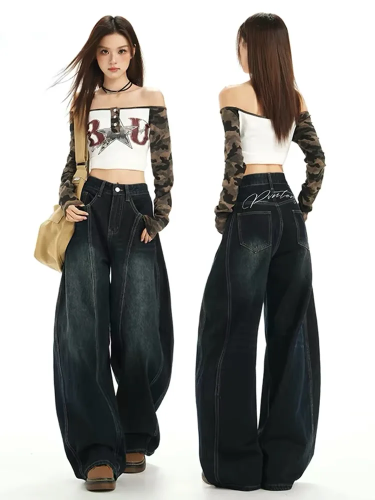 American Style Retro Dark Blade Embroidered Lettering Women's Jeans High Waist Straight Leg Wide Leg Pants Casual Pure Color