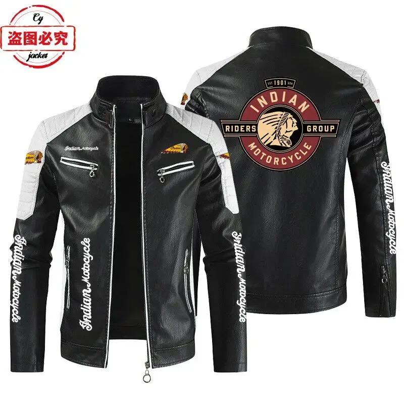 European Size Motorcycle Logo Printed Racing Suit, Retro Washed PU Leather Jacket,four Season Men's Standing Collar Cycling Suit