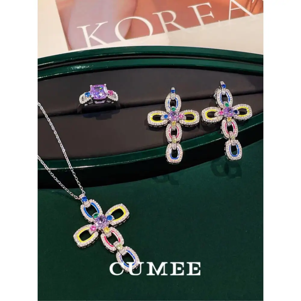 CUMEE Personalized Design Gemstone Cross Stud Drop Earrings 925 Sterling Silver Plated Gold Earrings