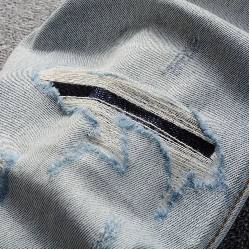 Streetwear Fashion Men Jeans High Quality Retro Light Blue Stretch Slim Ripped Jeans Men Patched Designer Vintage Denim Pants