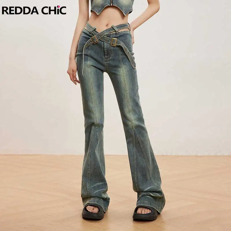 

ReddaChic Belted Seamed Patchwork Flare Jeans for Women Vintage Wash High Waist Y2k Bootcut Pants Grayu Harajuku Bell Bottoms