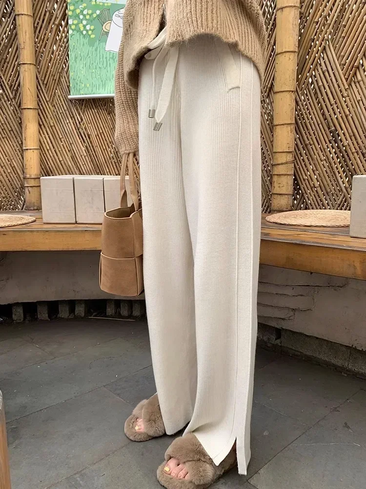 Slit Knitted Wide-leg Pants for Women Winter New Loose High-waisted Drawstring Slim Stretch Casual Pit Striped Trousers XQ888