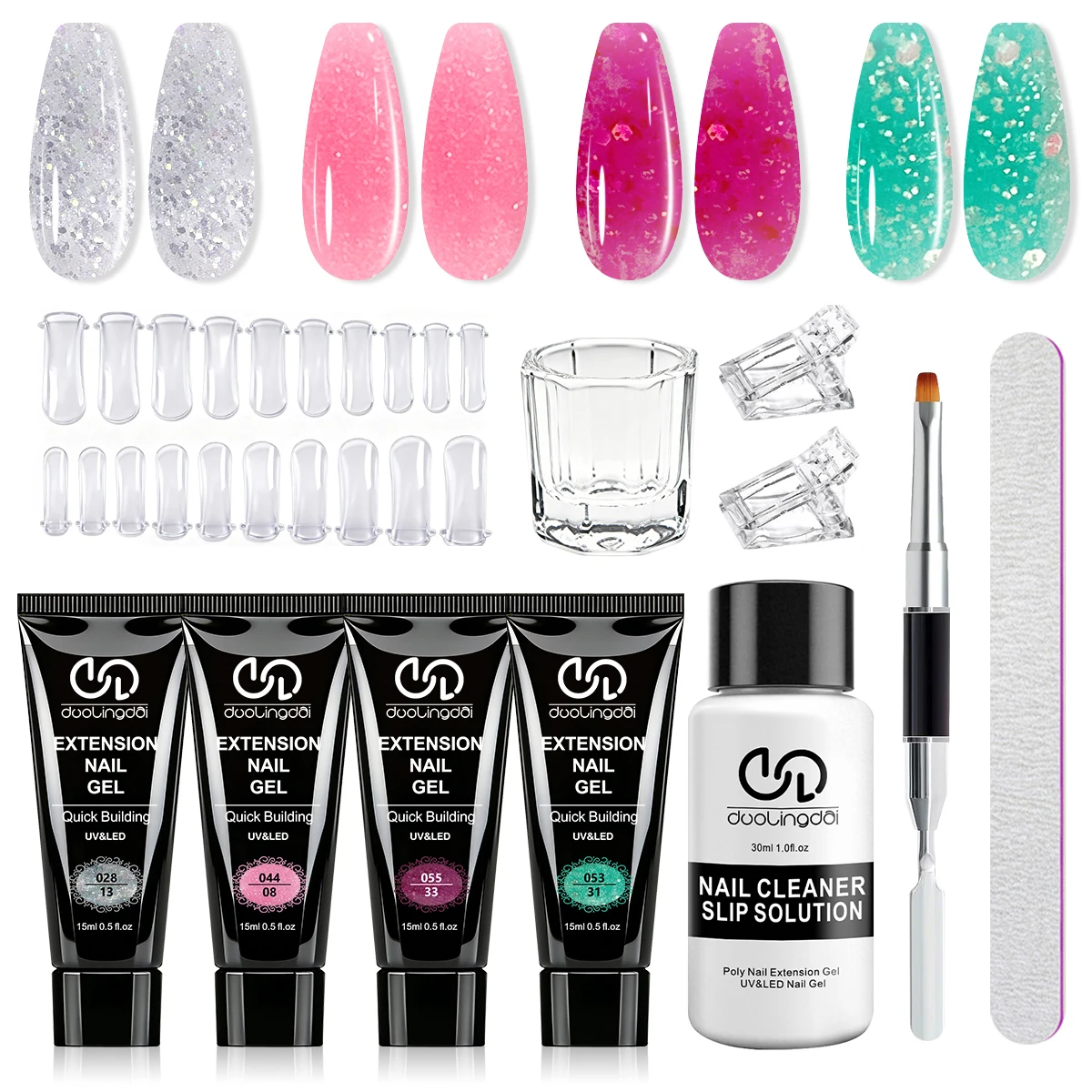 Poly-Nagelgel-Set - 4 Farben Aufbaugel geeignet für Acrylnägel mit Gleitlösung, doppelten Nagelformen, Nagelfeile & Pinsel-Spatel
