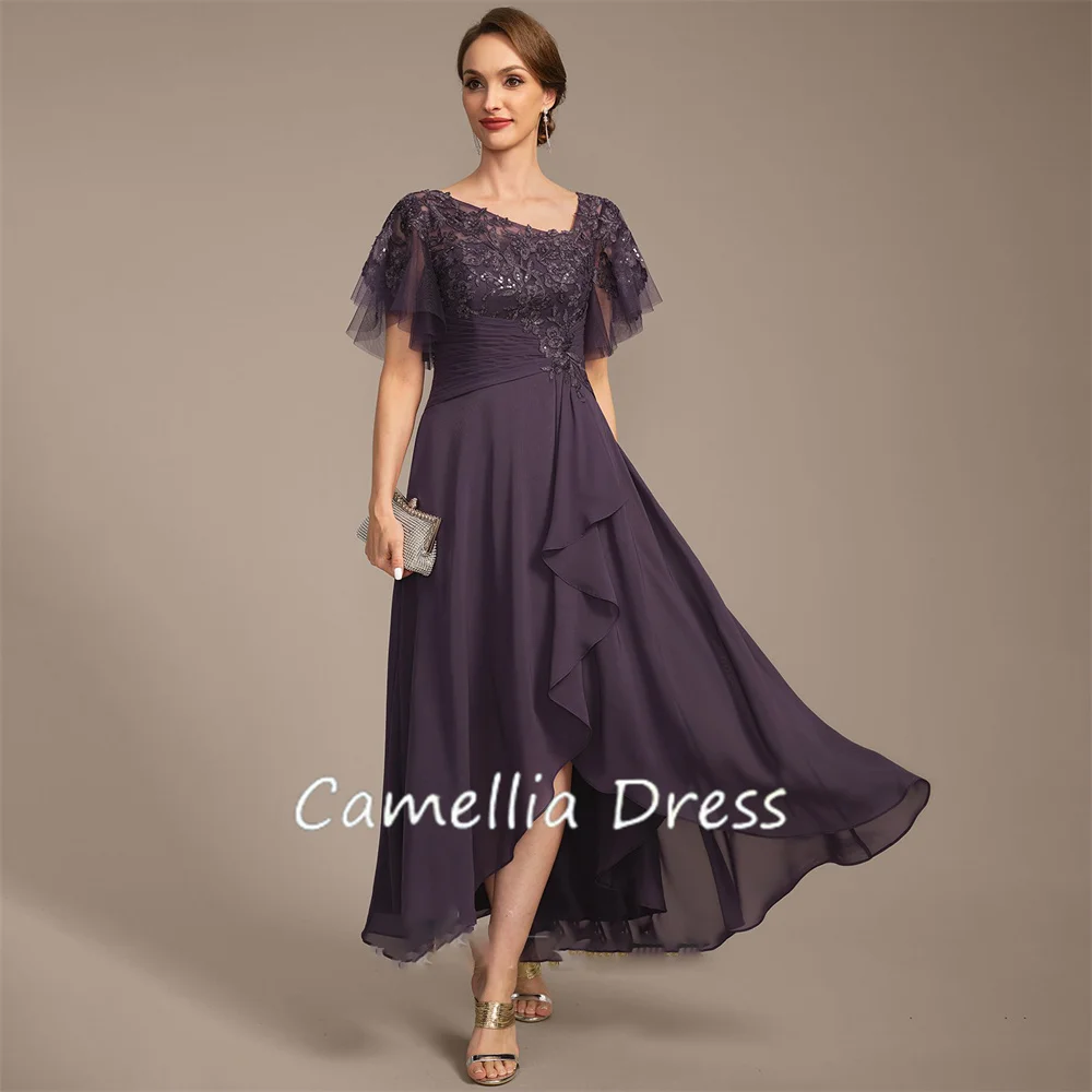 New Asymmetrical Mother Of The Bride Dress A-line Chiffon Lace Ruffles Sequins Formal Dresses Vestidos Mae Da Noiva Casamentos