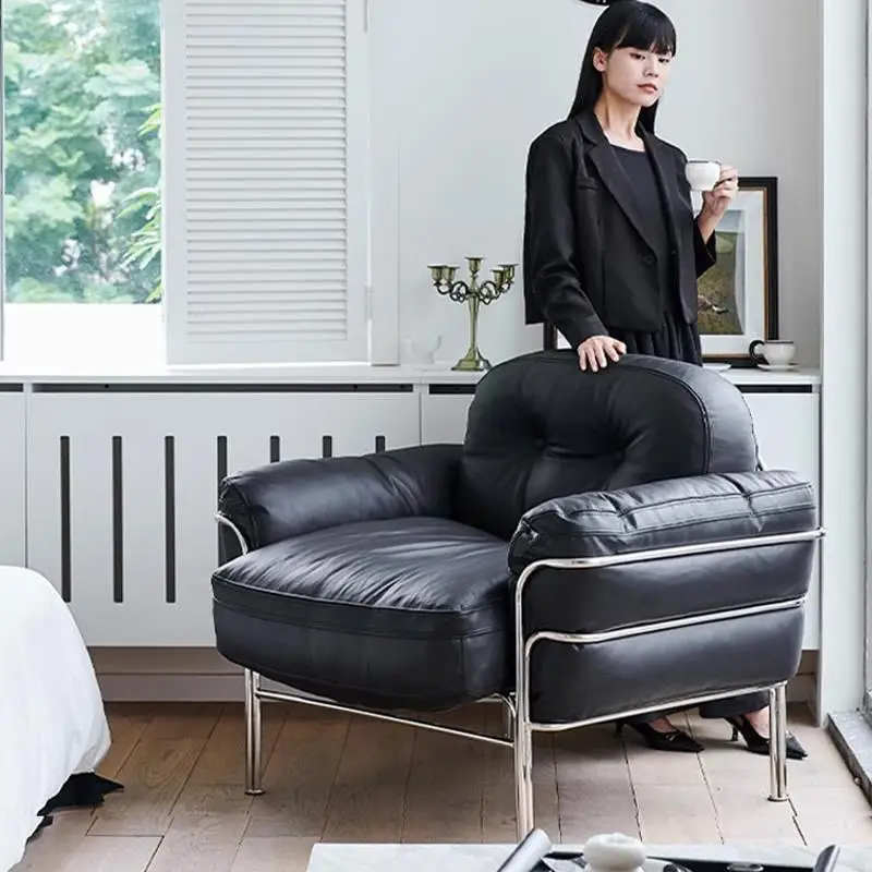 

Single sofa chair French medieval leather Bauhaus stainless steel balcony lounge chair