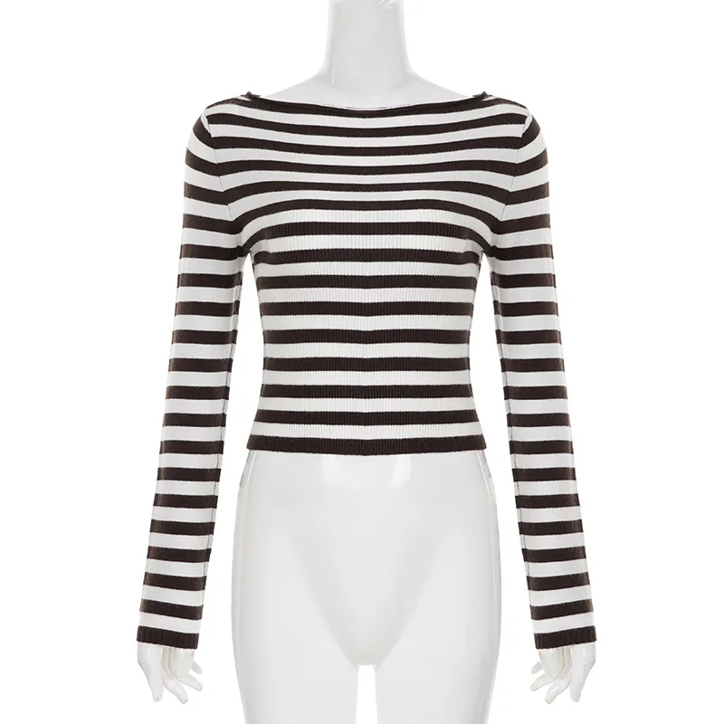 Outono e inverno blusa de lã listrada marrom para meninas picantes casual emagrecimento olhar camiseta de manga comprida com pulôver