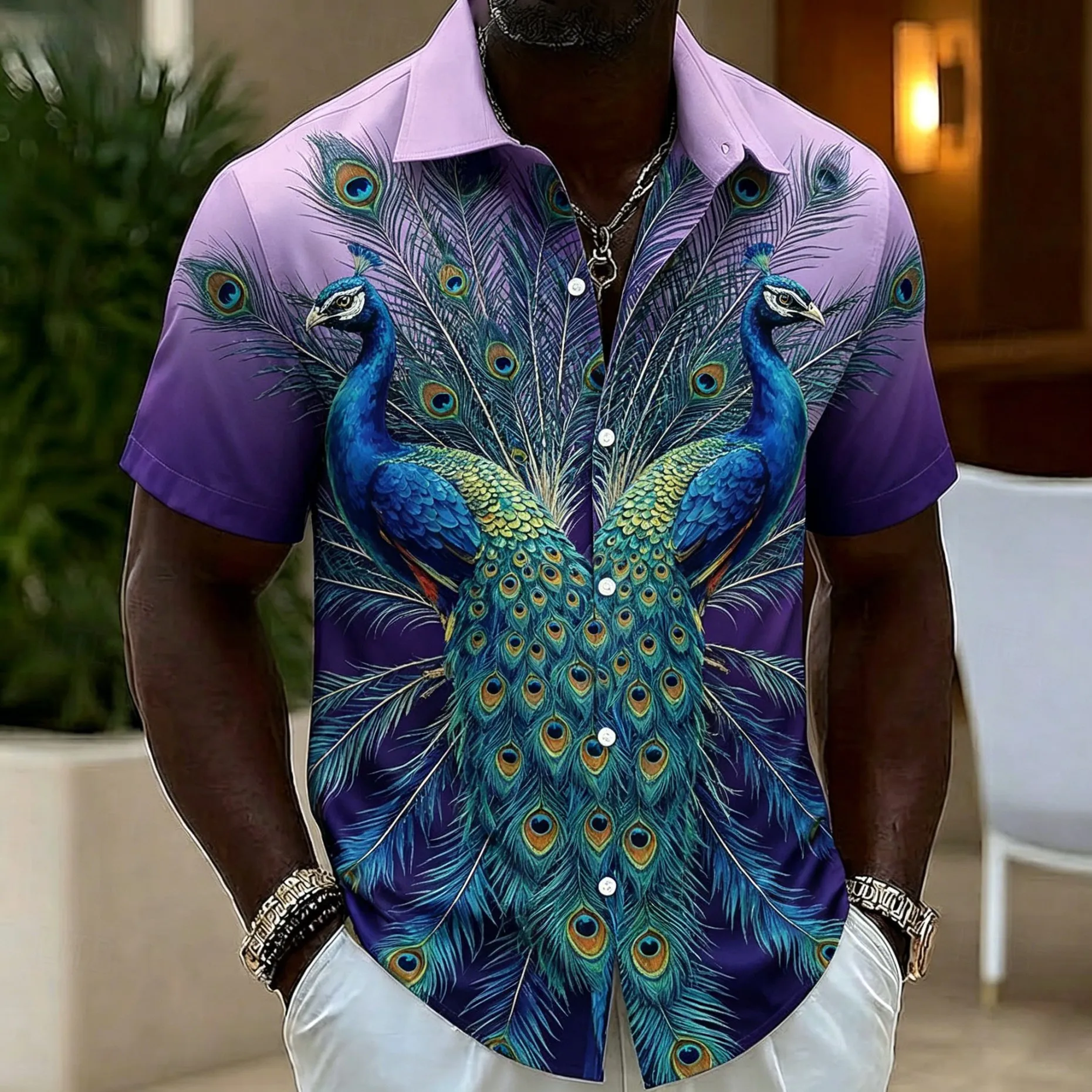 Men's Tropical Elephant Print Short Sleeve Shirt, Casual Button Up Tops, Jungle Themed for Spring & Summer