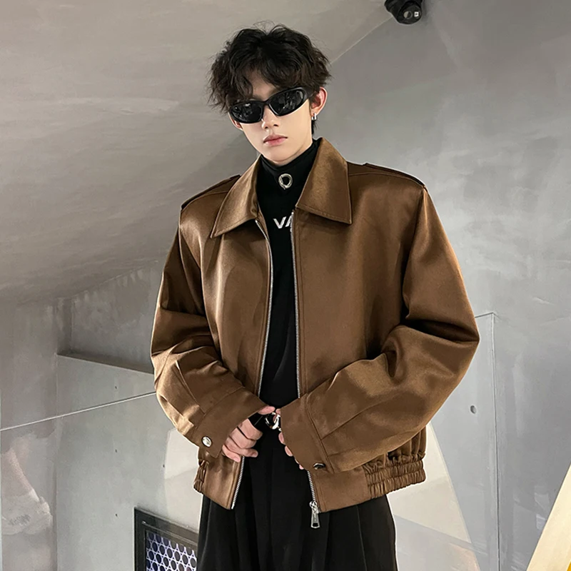 FEWQ Simple Men's Jacket Shoulder Pads Zipper Turn-down Collar Solid Color Trendy Male Short Coats Autumn Korean Style 24E2256