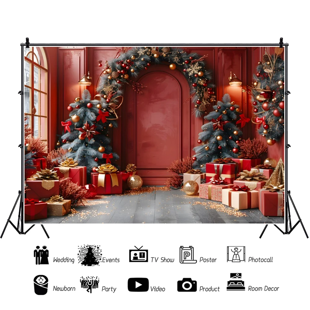 Red European Palace Wall Backdrop Christmas Wreath Wooden Board Arch Kids Family Portrait Photography Background Photozone Props