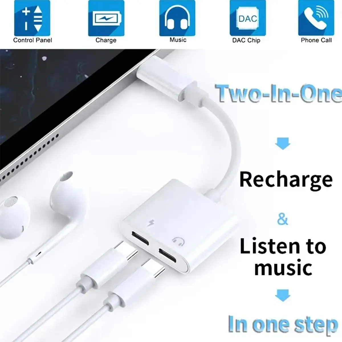 2 in 1 Dual USB Splitter DAC Fast Charge Type-C Adapter and Type C to 3.5mm headphone jack OTG adapter For iPhone 15 HUAWEI