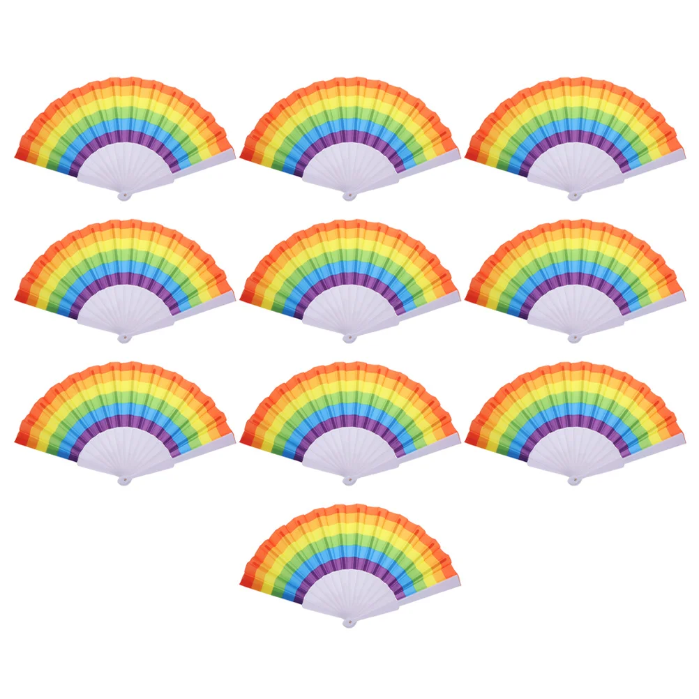 

10 Pcs Rainbow Folding Fan Performance Supplies Chinese Style Plastic Cloth Creative Stage Fans Miss Foldable