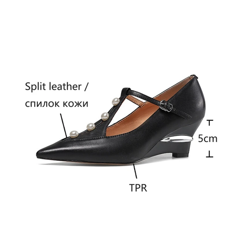 NEW Spring/Autumn Women Pumps Split Leather Shoes for Women Pointed Toe Wedges Shoes Pearl High Heel Women Pumps Buckle Shoes