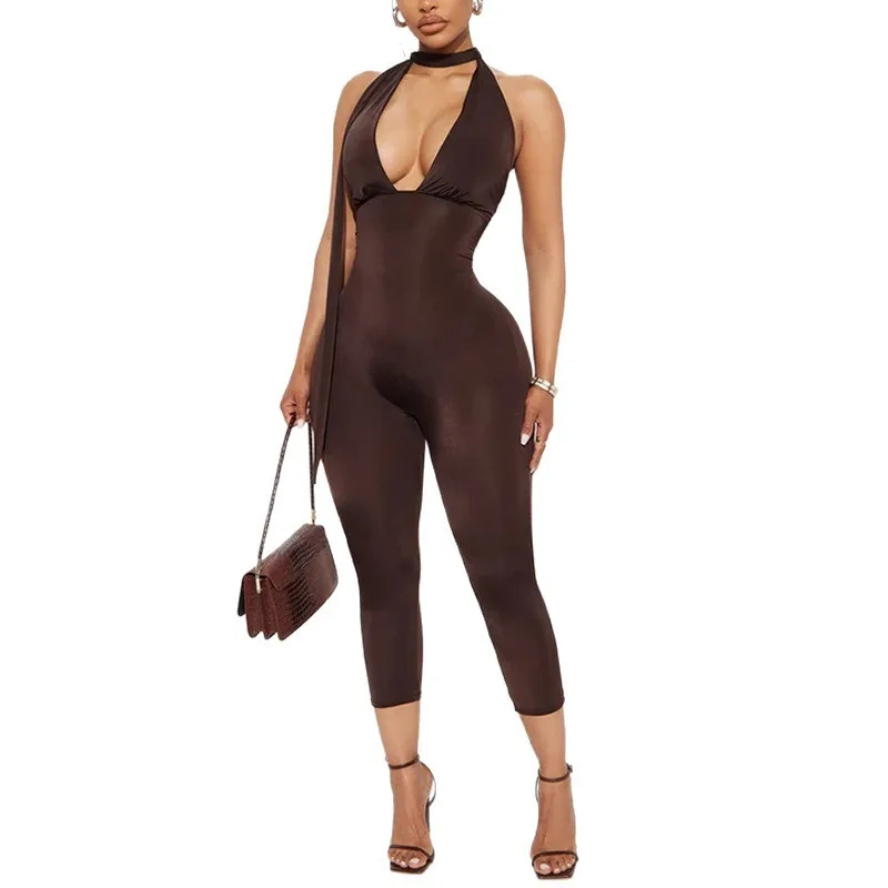 Macacão fino para mulher roupas femininas temperamento sexy bodycon cor sólida halter pescoço sem costas sem mangas pingente