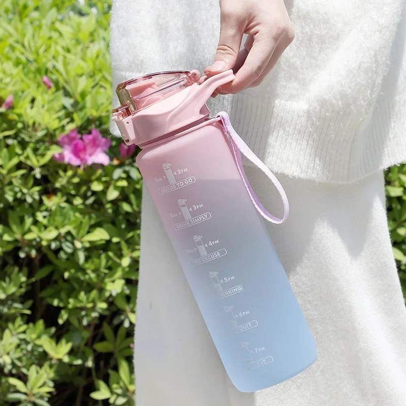 1 Liter Water Bottle with Straw Female Girls Large Portable Travel Bottles Sports Fitness Cup Summer Cold Water with Time Scale