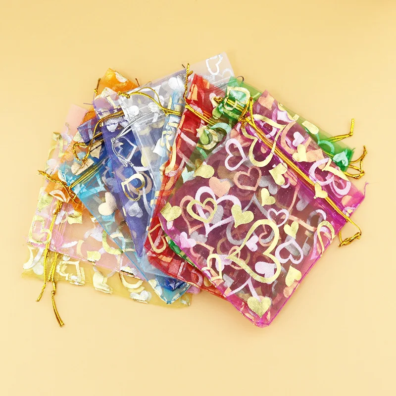 Printed Heart Organza Bags 15*20cm Gift Bag Wedding Drawstring Pouch Charms Jewelry Accessories Packaging Bags (100 Pcs/lot)