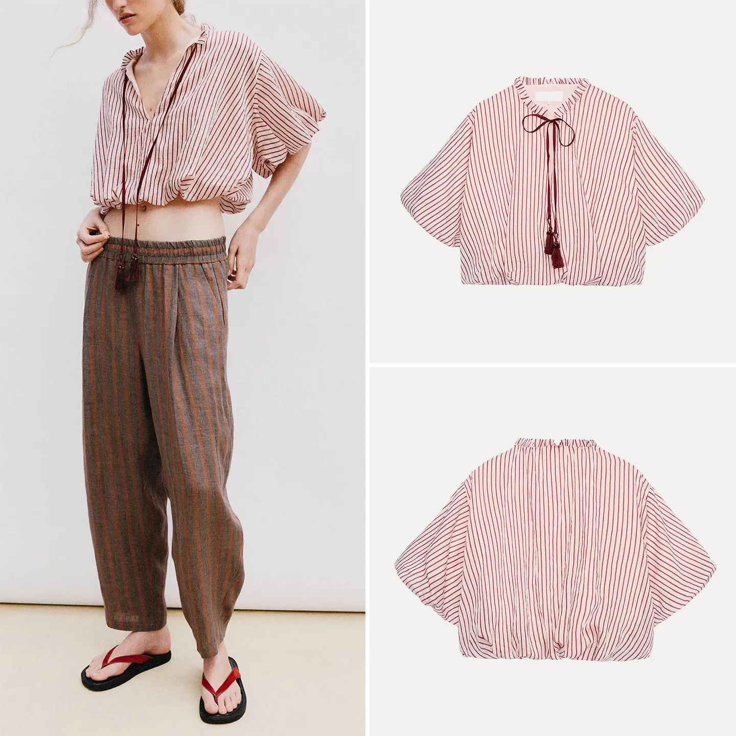 

Women's Summer 2026 New Style Short Sleeve Striped Knot Balloon Sleeve Top Commute Style Loose Fit V-neck Short Length