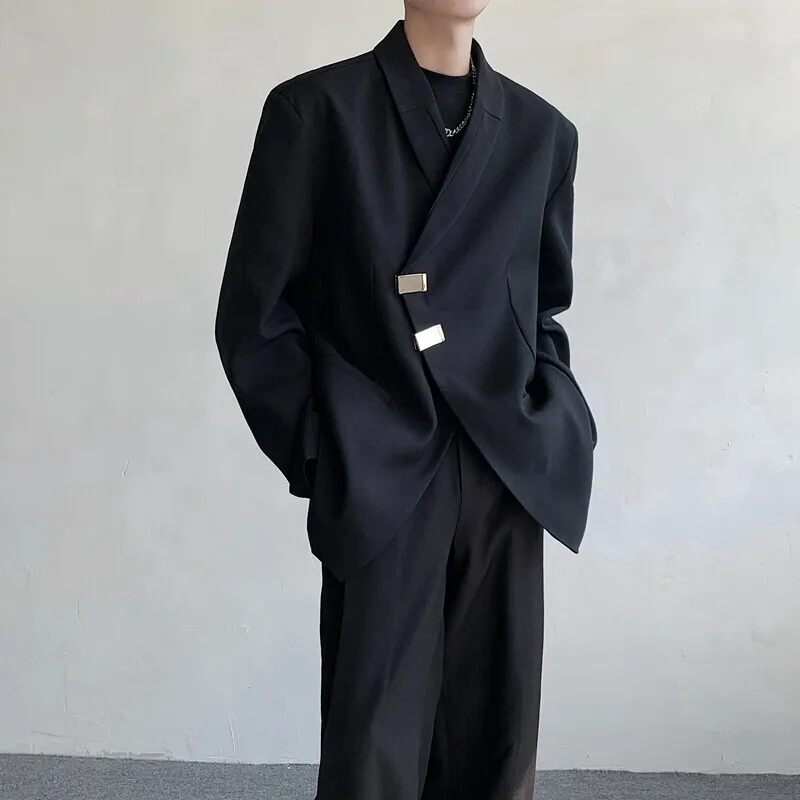WVGA Spring Autumn New Men Tide Long Sleeve Blazer Niche Chic Casual Metal Button Asymmetrical Placket Suit Coats Ins Y2K W16225