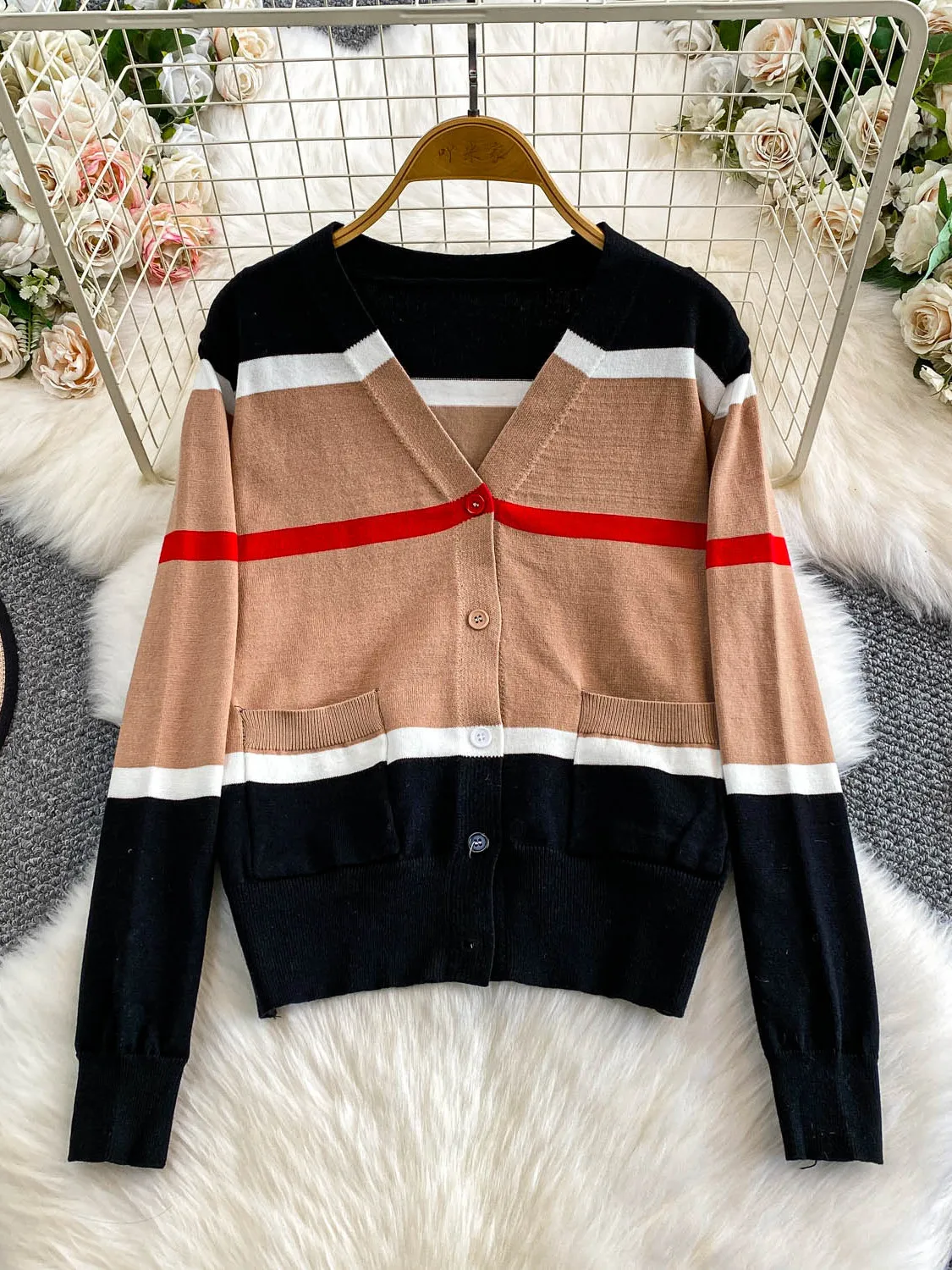 Süße Streifen V-Ne offene Strickjacke Damen locker gestrickt Top Winter Faion Design lässig bequeme Passform lange Sve Pullover