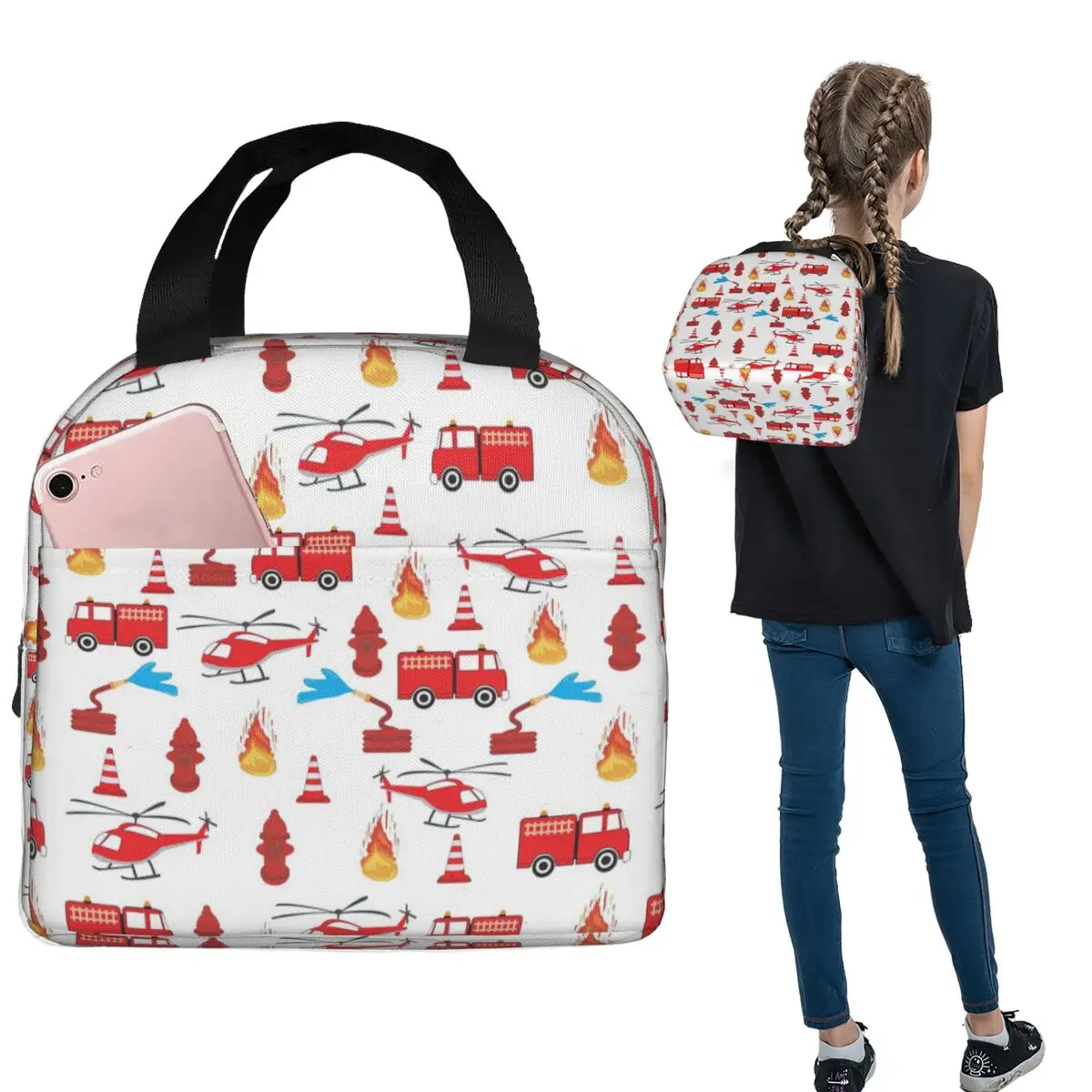Red Transport Fire Truck Engine Brigade Insulated Lunch Bag for Women Children Portable Food Boxes Thermal Lunch Box Tote