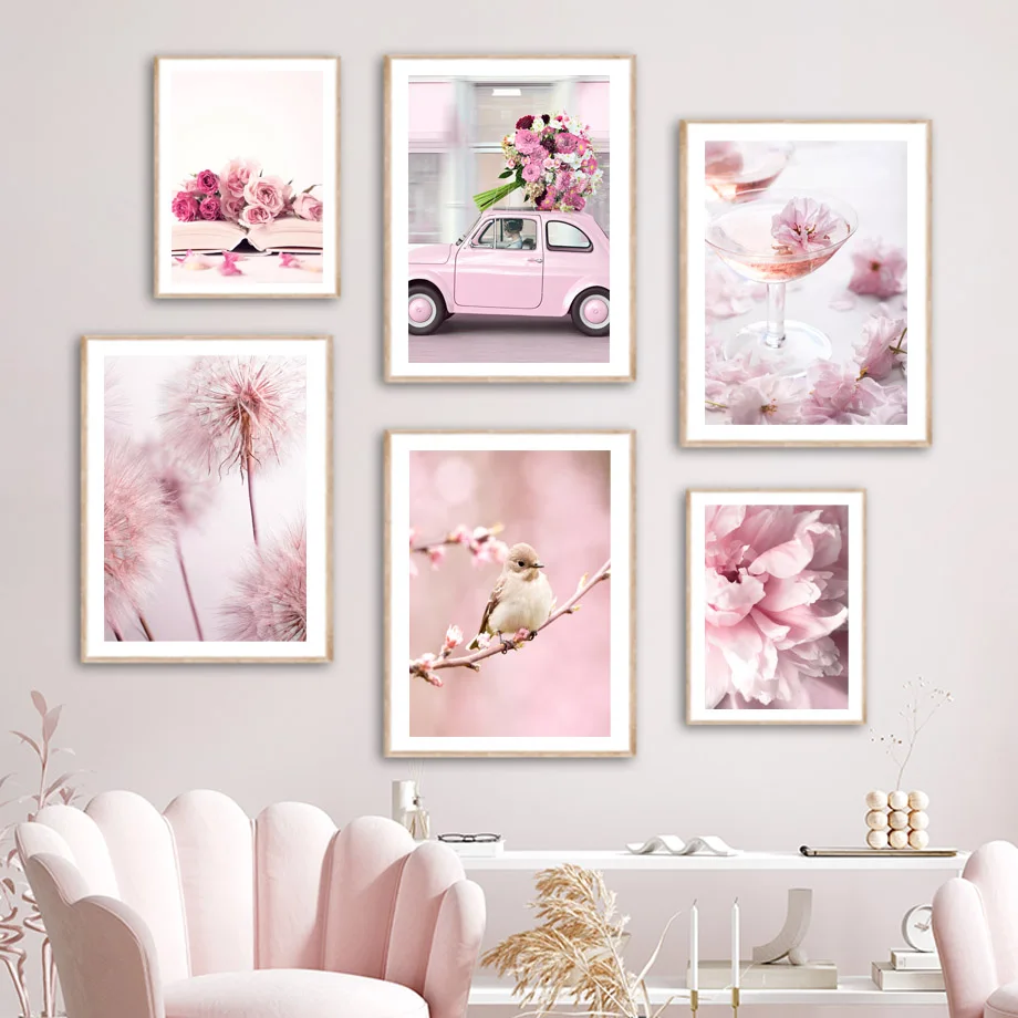 1Pc Frameless Spring Pink Rose Peony Sakura Dandelion Orchid Sparrow Car Garden Posters Flower Wall Art Canvas Painting Home Roo