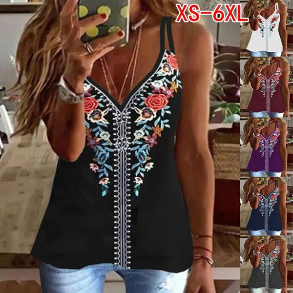XS-6XL Damska letnia seksowna koszulka z dekoltem w szpic bez rękawów Casual Tee Vintage Print Luźna damska koszulka Kamizelka Damska moda Tank Tops