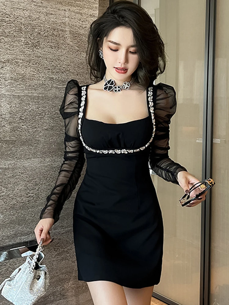 Spring Elegant Sexy Dresses for Women Sheer Mesh Diamond Bubble Sleeve Black Dress Evening Party Club Lady Clothes Short Vestido