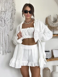 Marthaqiqi Cotton Women Nightwear Suit Strapless Tank Tops Pajamas Long Sleeve Nightie Turn-Down Collar Robe Shorts Home Clothes