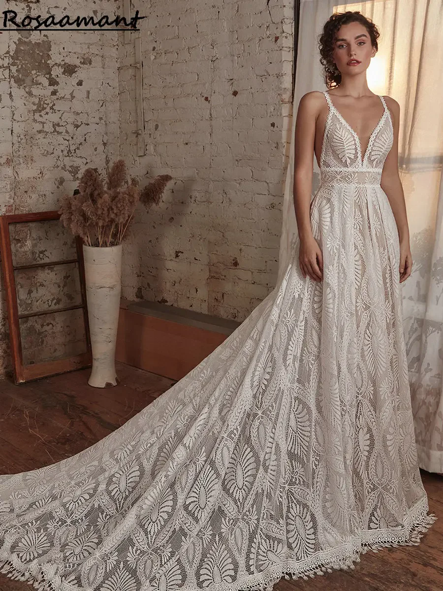 Bohemian Lace Appliques Detachable Sleeve A-Line Wedding Dresses V-Neck Open Back Bridal Gowns robe de mariée