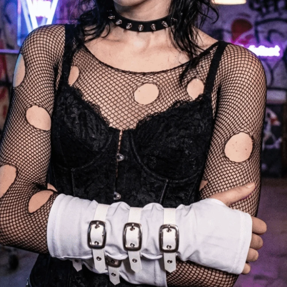 Polyester Punk Arm Sleeves White Metal Buckles Dark Gothic Arm Covers Nonstretch Fabric Lightweight Half-arm Sleeve Gloves