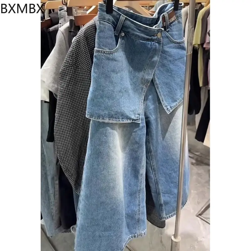 retro blue fake two-piece jeans women's summer fat mm loose high waist and thin straight wide-leg cropped pants