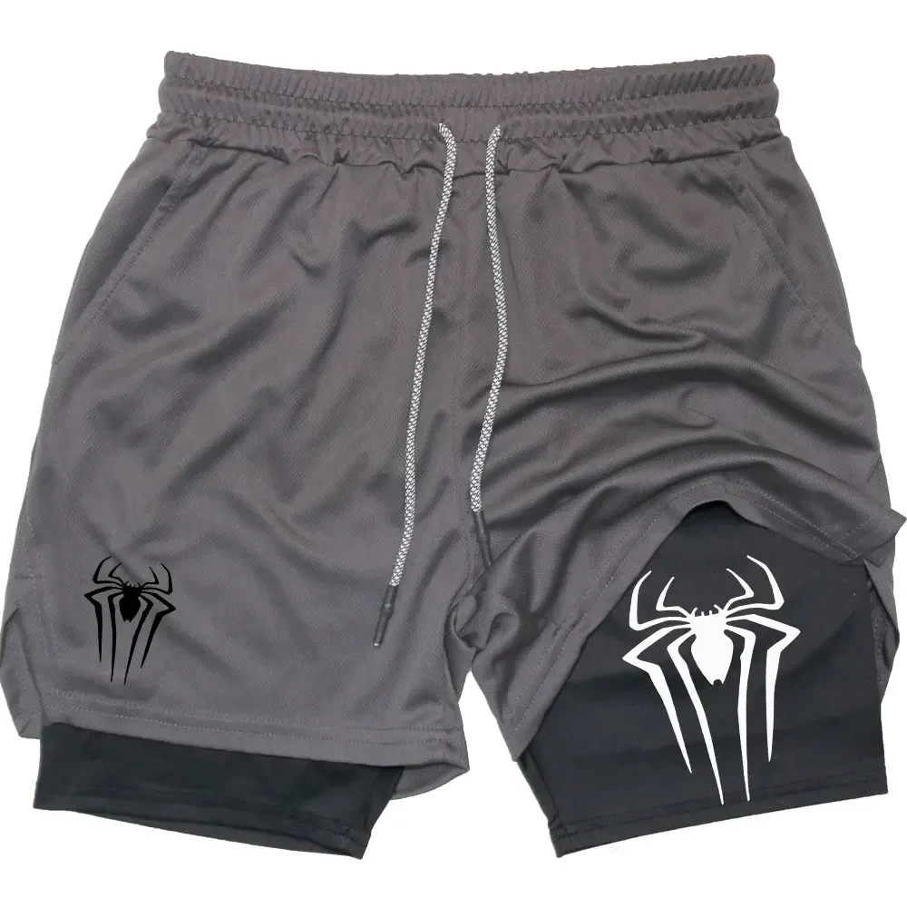 Y2K Performance Shorts Men Spider Printed GYM Casual Sports Compression Shorts Workout Running Mesh 2 In 1 Sport Short Pants