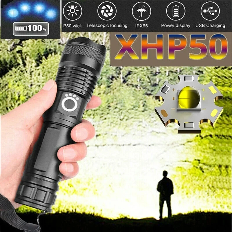 Linternas LED potentes XHP50, linterna de Camping de alto brillo, luces fuertes, antorcha al aire libre, lámpara LED de emergencia recargable por USB