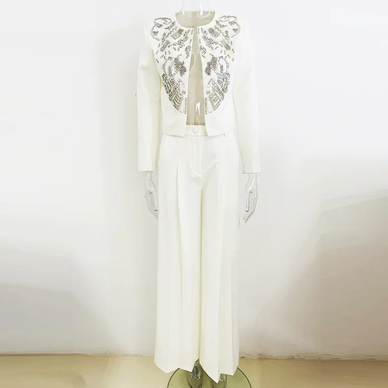 European American O-Neck Heavy Beaded Short Jacket Wide-Leg Pants Two-Piece Set traf pant sets ensemble femmes suit for woman view 2