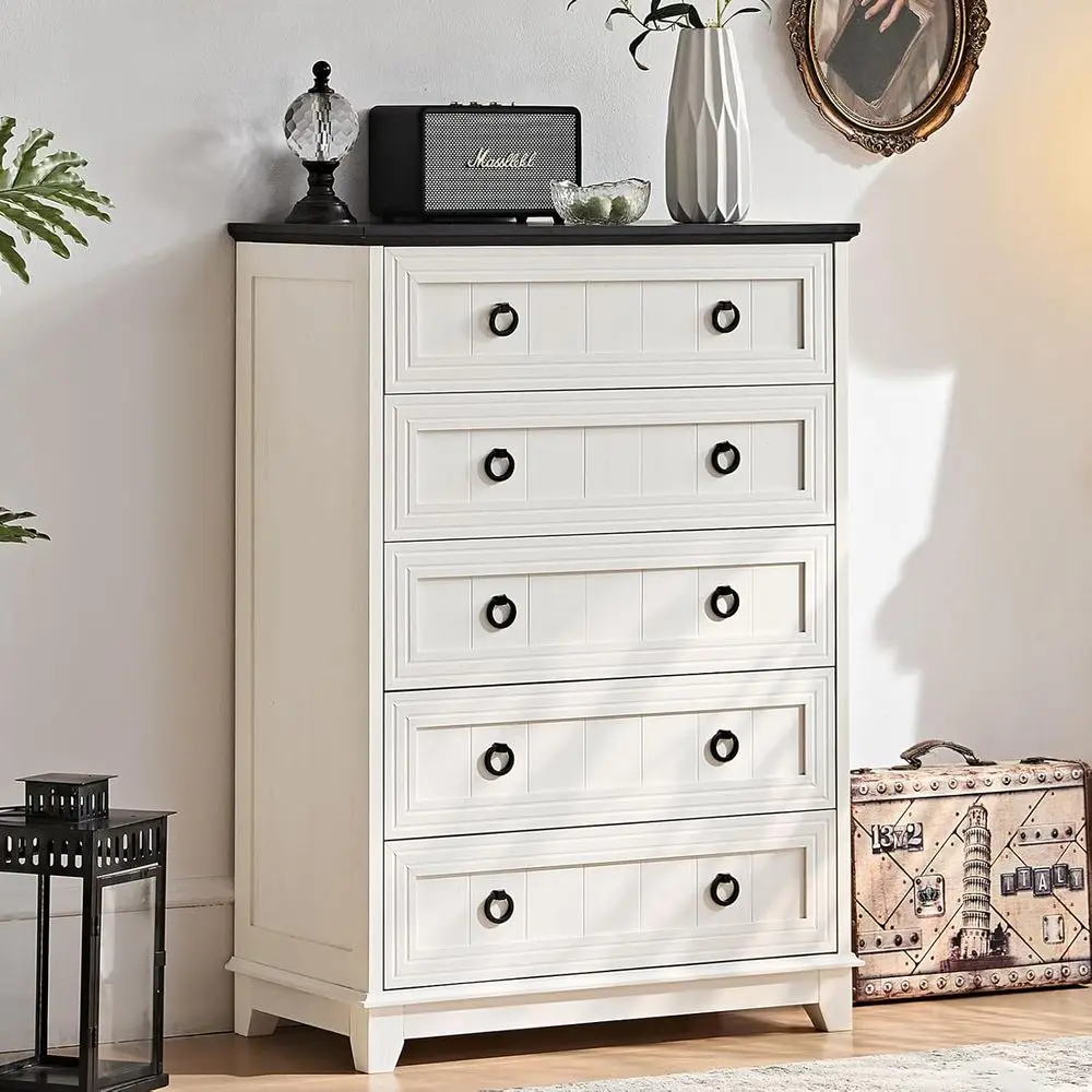 5-Drawer Tall Bedroom Chest with Rustic Wood and Metal Handles, Perfect for Storage in Closets, Living Rooms, Hallways, and Entr