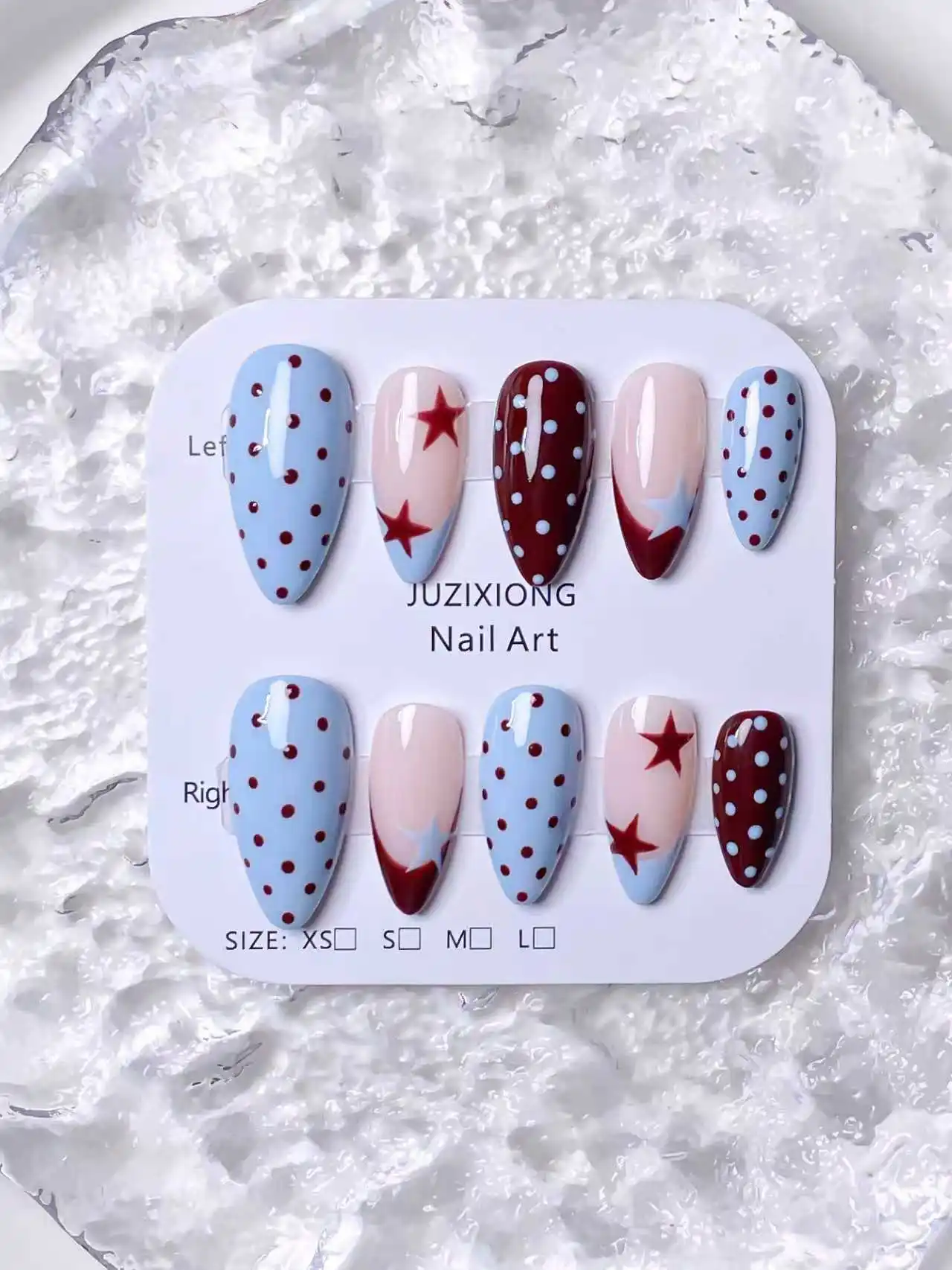 งานศิลปะเล็บอัลมอนด์ทำมือบริสุทธิ์ 10 ชิ้น ลายจุดสีน้ำเงิน ดีไซน์รูปดาวห้าแฉกสีน้ำตาล มีสไตล์และหรูหรา