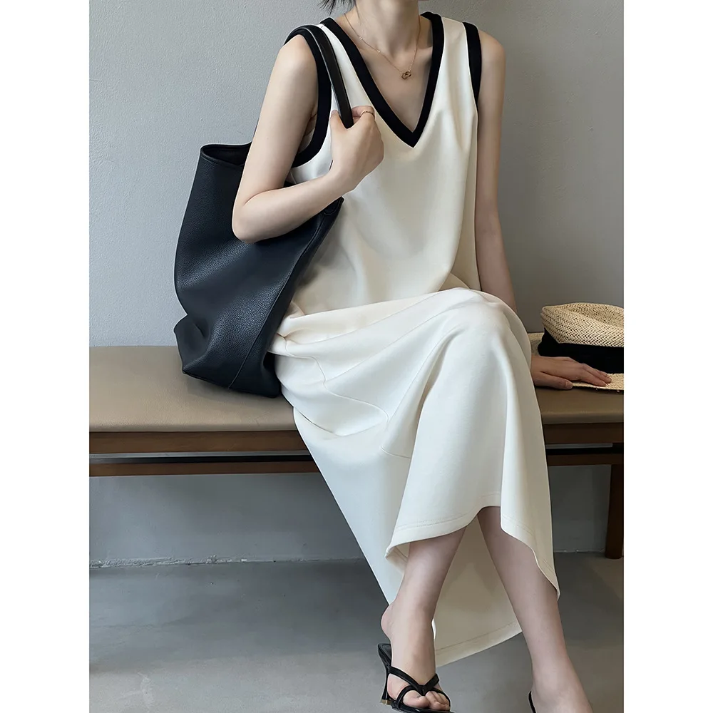 Women Clothing French Style Senior Sense Sleeveless V-neck Dress 2024 Summer New Loose Color Matching Fashionable Sundress