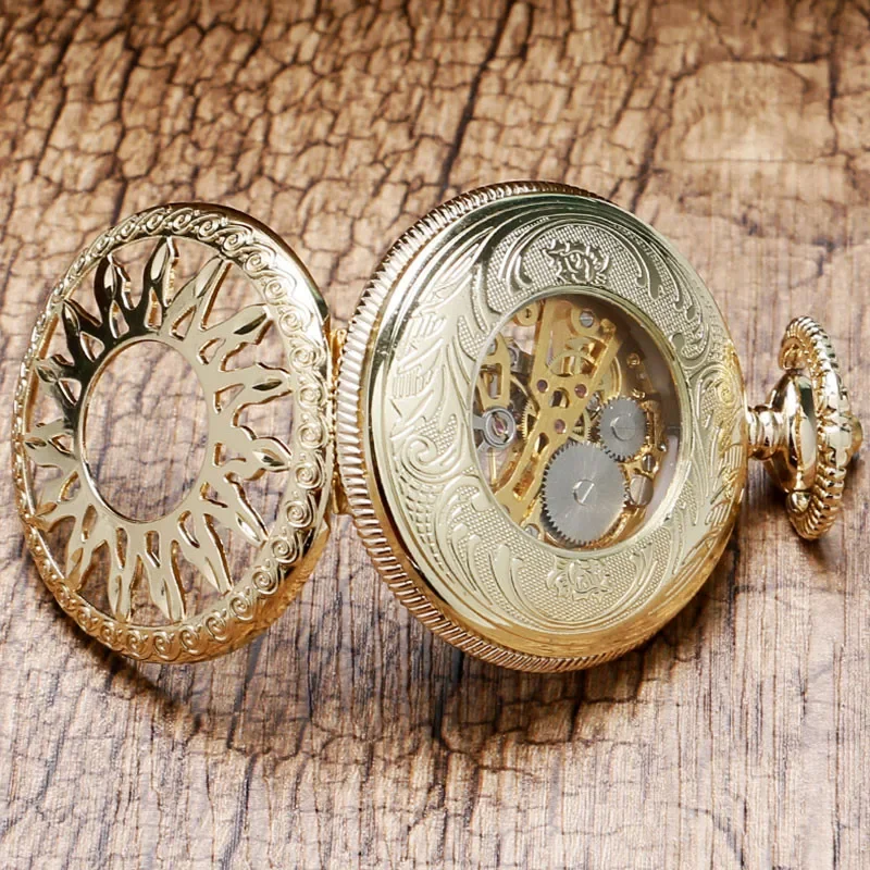 Luxus Gelb Goldene Hohle Blume Sonne Fall Design Römische Zahl Zifferblatt Männer Frauen Skeleton Manuelle Mechanische Anhänger Taschenuhr