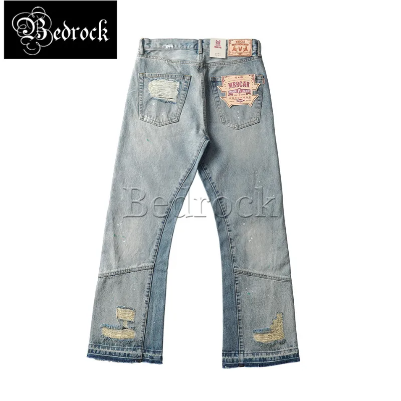 MBBCAR Mens Jeans bell-bottomed Pants distressed 14.4 oz Selvedge Denim Flared Pants For Men Washed Blue Hole Whisker trousers