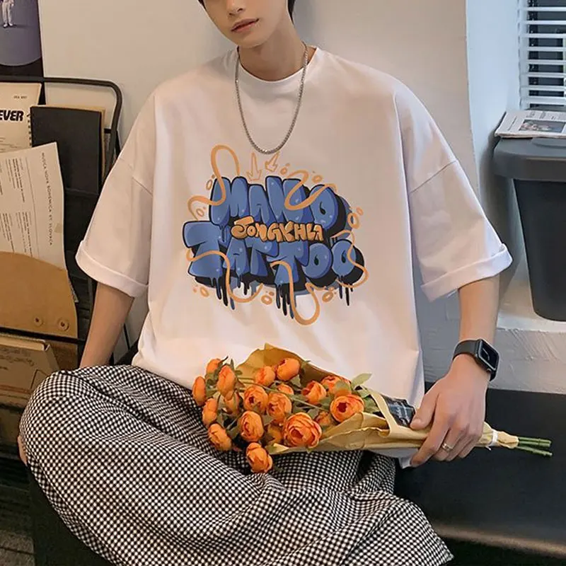 Camisetas con letras americanas de vitalidad juvenil, ropa de verano con cuello redondo para hombre, jerséis holgados informales de manga corta con estampado a la moda